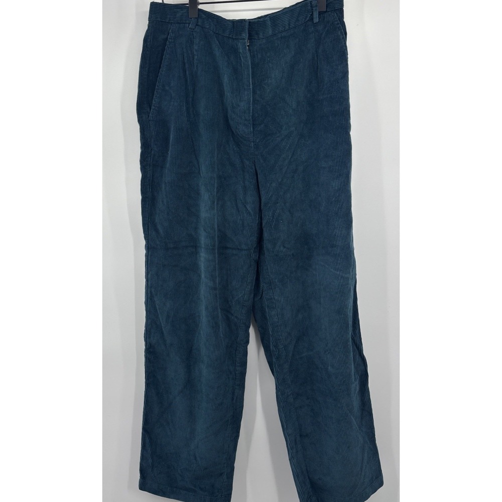 LL Bean Pants 14 Reg Women Corduroy Pleated Front Wide Leg Blue